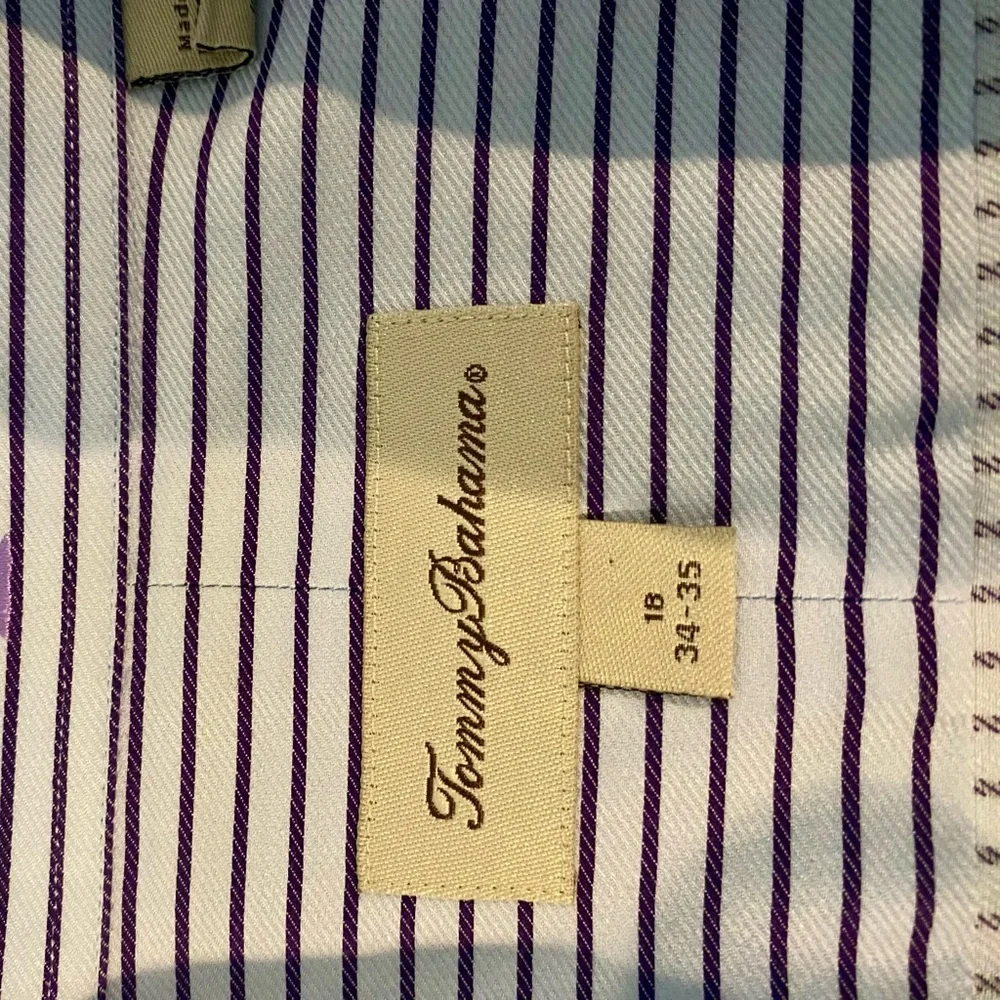 Tommy Bahama Men’s Shirt Size 18/34-35 Purple Stripes on White; Dress Attire - Picture 2 of 5